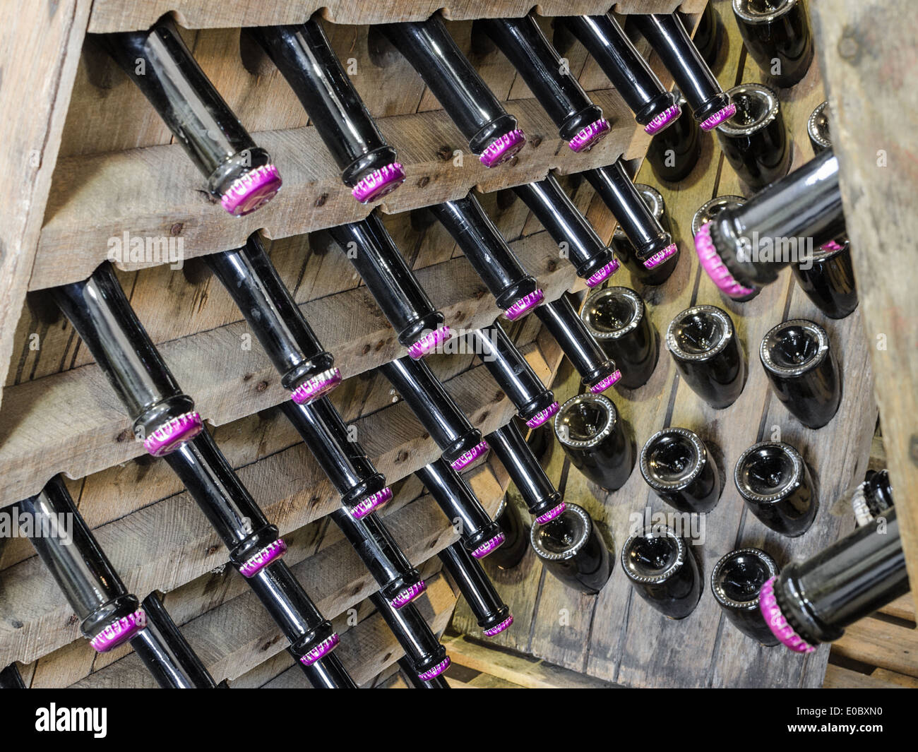 Holz-Rack mit Flaschen trockenen Sekt Weißwein in unterirdischen Keller stehen Stockfoto