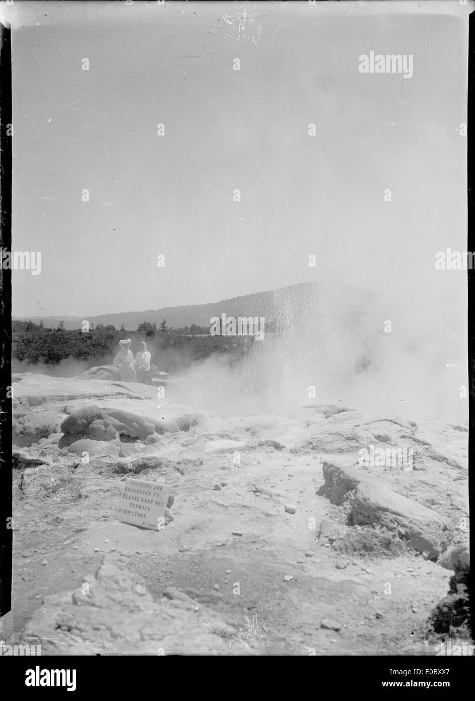 Ein Foto von 1908, das eine Frau und ihren Führer neben einem Geysir in Whakarewarewa, Neuseeland, zeigt. Das Bild erfasst die Kraft der hydrothermalen Aktivität in der Region. Stockfoto