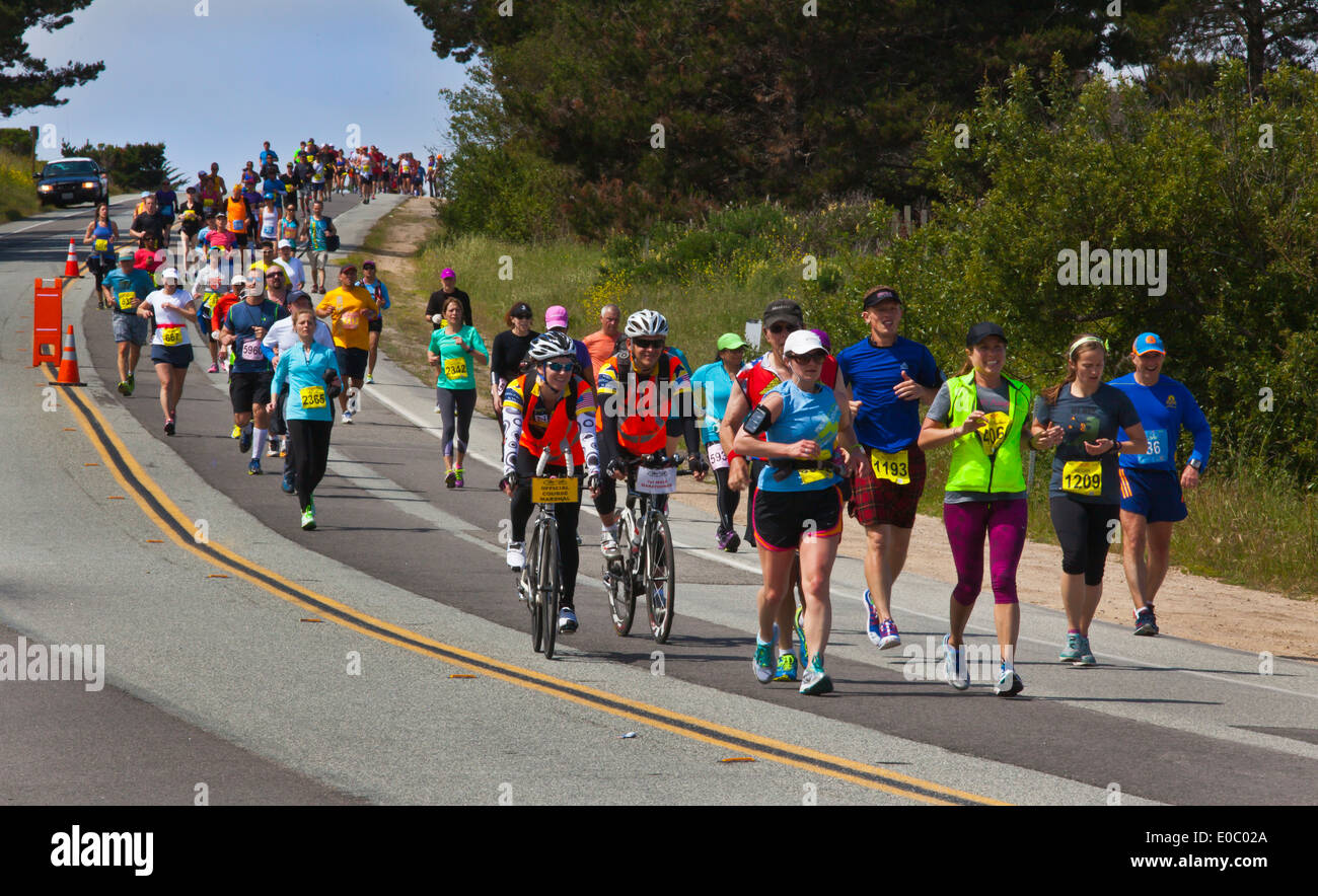Läufer und Biker auf dem Highway 1 zu beteiligen, in 2014 Big Sur Marathon - BIG SUR, Kalifornien Stockfoto