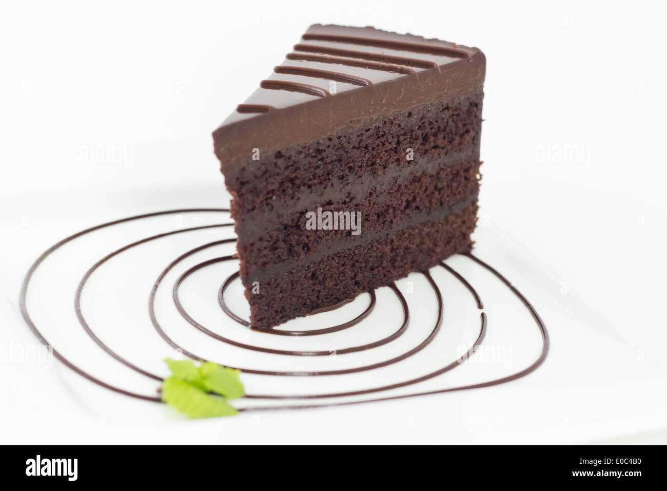 Stück Schokoladenkuchen auf weißen Teller Stockfoto