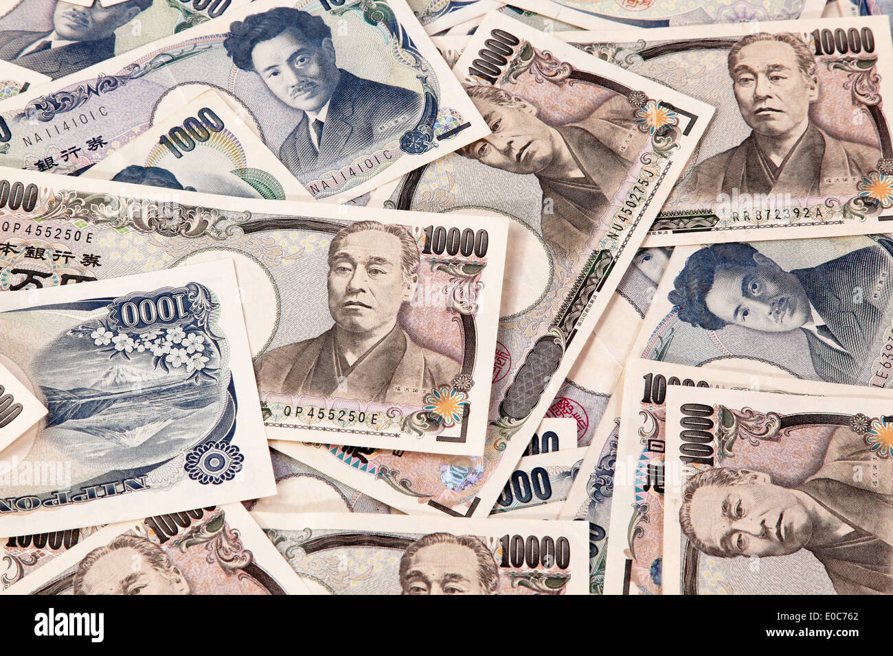 Ein Großteil der japanischen Geld nimmt die Yen-Währung, Viele Festveranstaltung Geld Scheine der Yen Waehrung Stockfoto