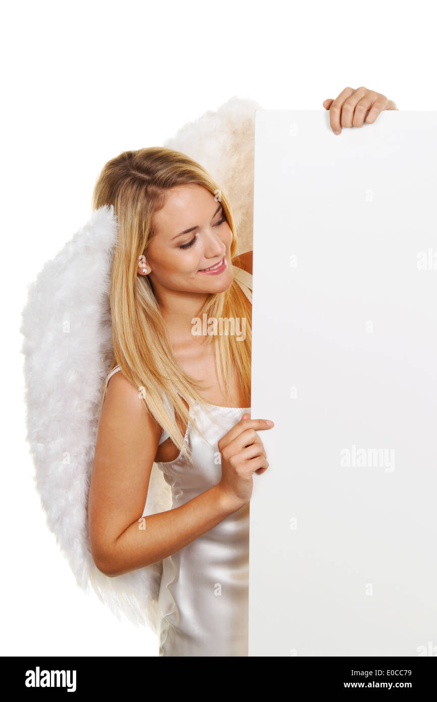 Blonder Engel zu Weihnachten mit leeren Brett für Wünsche und Angebote: Blonder Engel Zu Fernsehsendern Mit Leerer Tafel Fuer Wuensche un Stockfoto