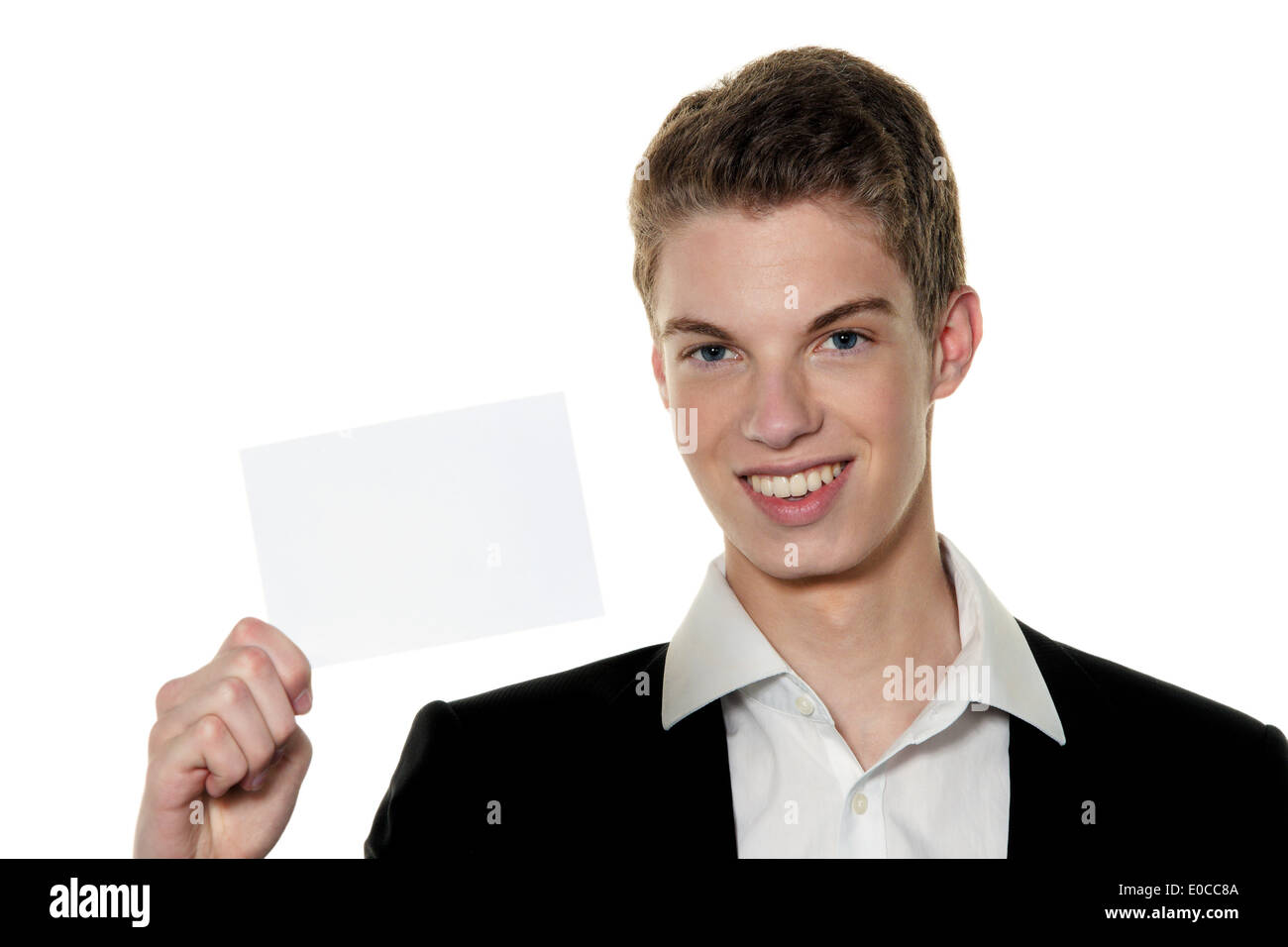 Eine junge Rfolgreicher Jung-Unternehmer mit Telefonkarte, Ein Junger Rfolgreicher Jungunternehmer Mit Visitenkarte Stockfoto