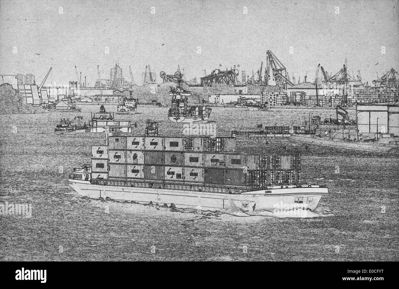 Grunge technische Zeichnung oder Blaupause Illustration auf schwarzem Hintergrund geschäftigen Hafen Stockfoto