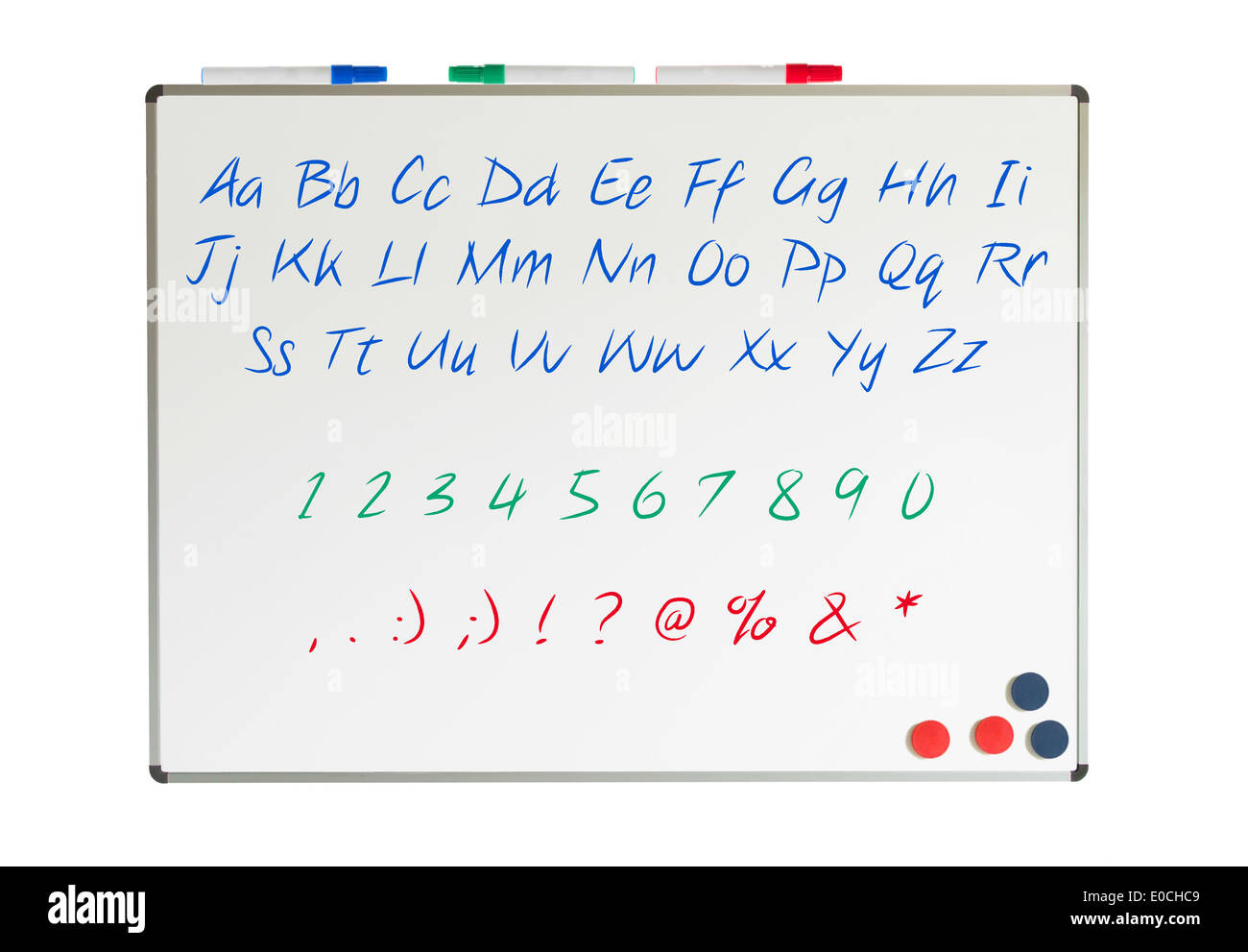 Buchstaben, Zahlen und Satzzeichen auf einem whiteboard Stockfoto