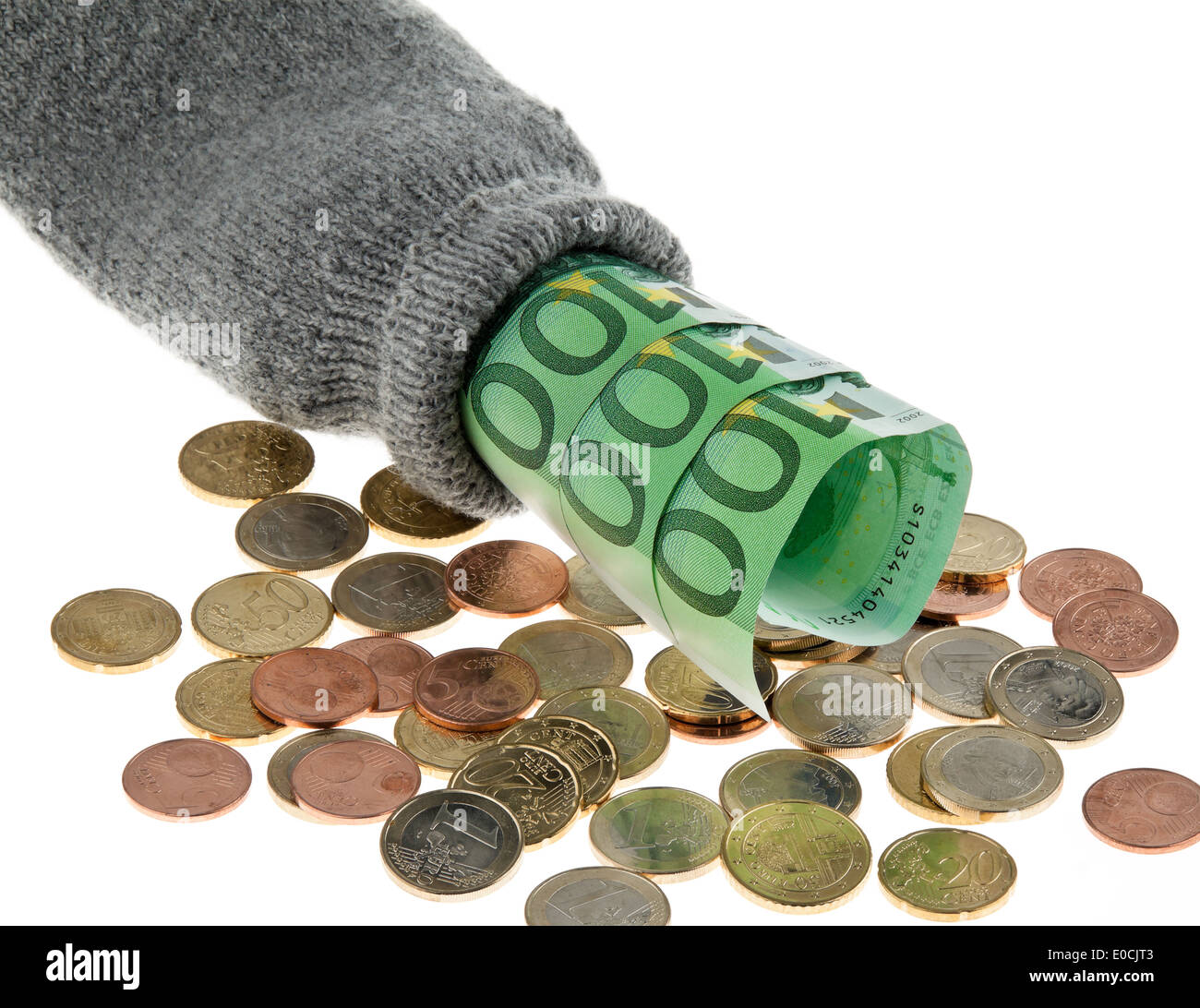 Eine Einsparung Socke mit Euro-Geld-Banknoten und Euro, Ein Sparstrumpf Mit Euro Geld Scheinen Und Euro Stockfoto