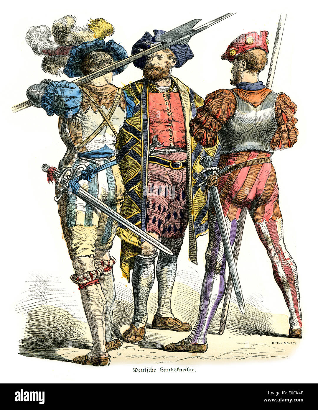 Deutsche Landsknechte des 16. Jahrhunderts. Die deutschen Landsknechte wurden bunte Söldnersoldaten Stockfoto