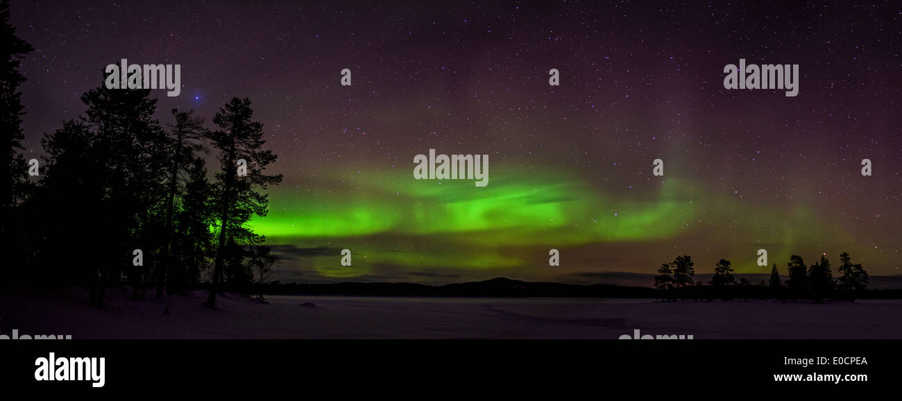 PolarLight, Aurora Borealis am See Nangujaervi bei Nacht, Lappland, Finnland, Europa Stockfoto