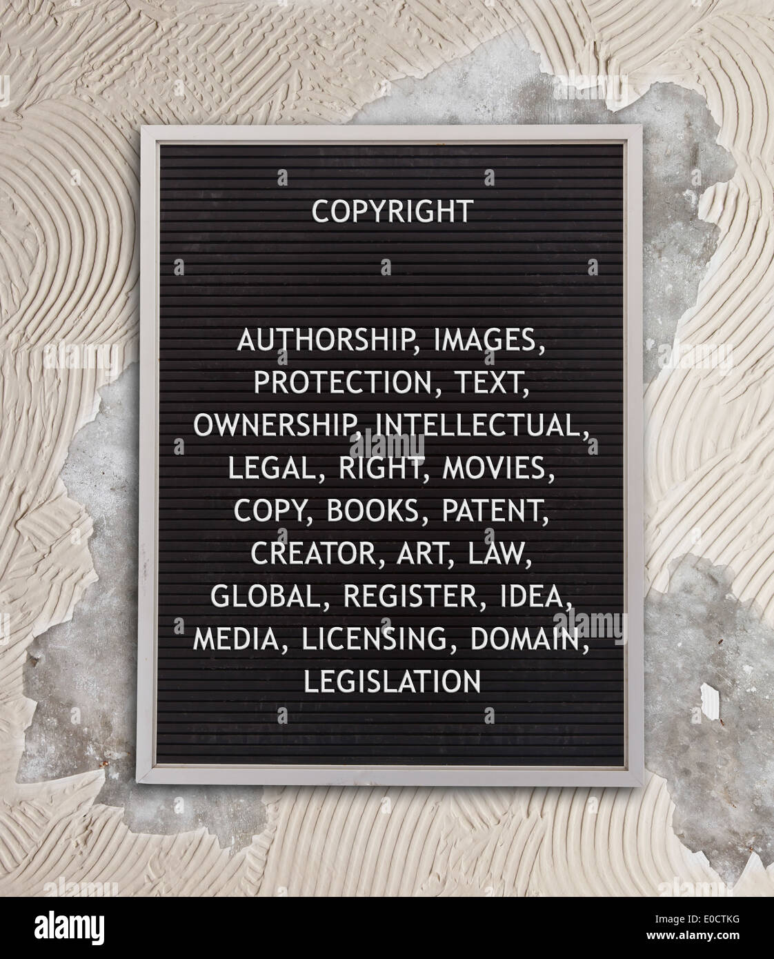 Copyright Konzept in Kunststoff Buchstaben auf sehr alten Menü Board Vintage-look Stockfoto