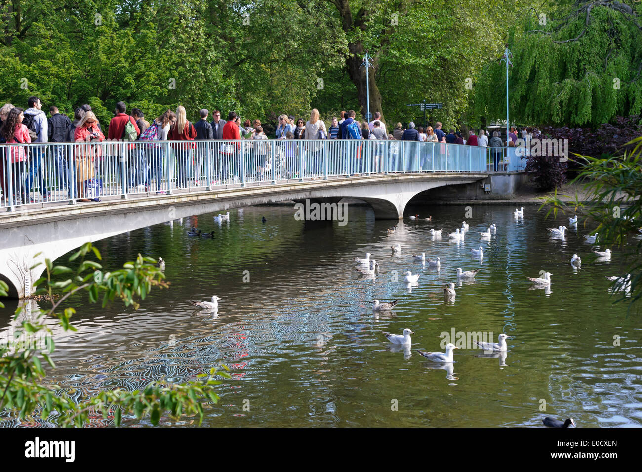 Menschen, überqueren eine kleine Stahlbrücke in St James Park, London, England, Vereinigtes Königreich. Stockfoto