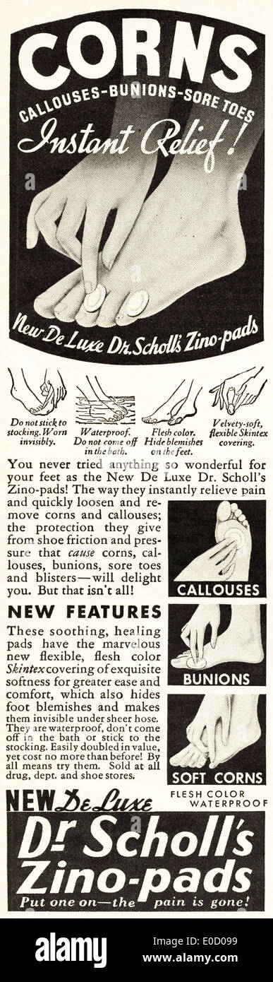 Anzeige für Dr SCHOLL ZINO PADS für Wunde Füße im amerikanischen Magazin vom Dezember 1934 Stockfoto