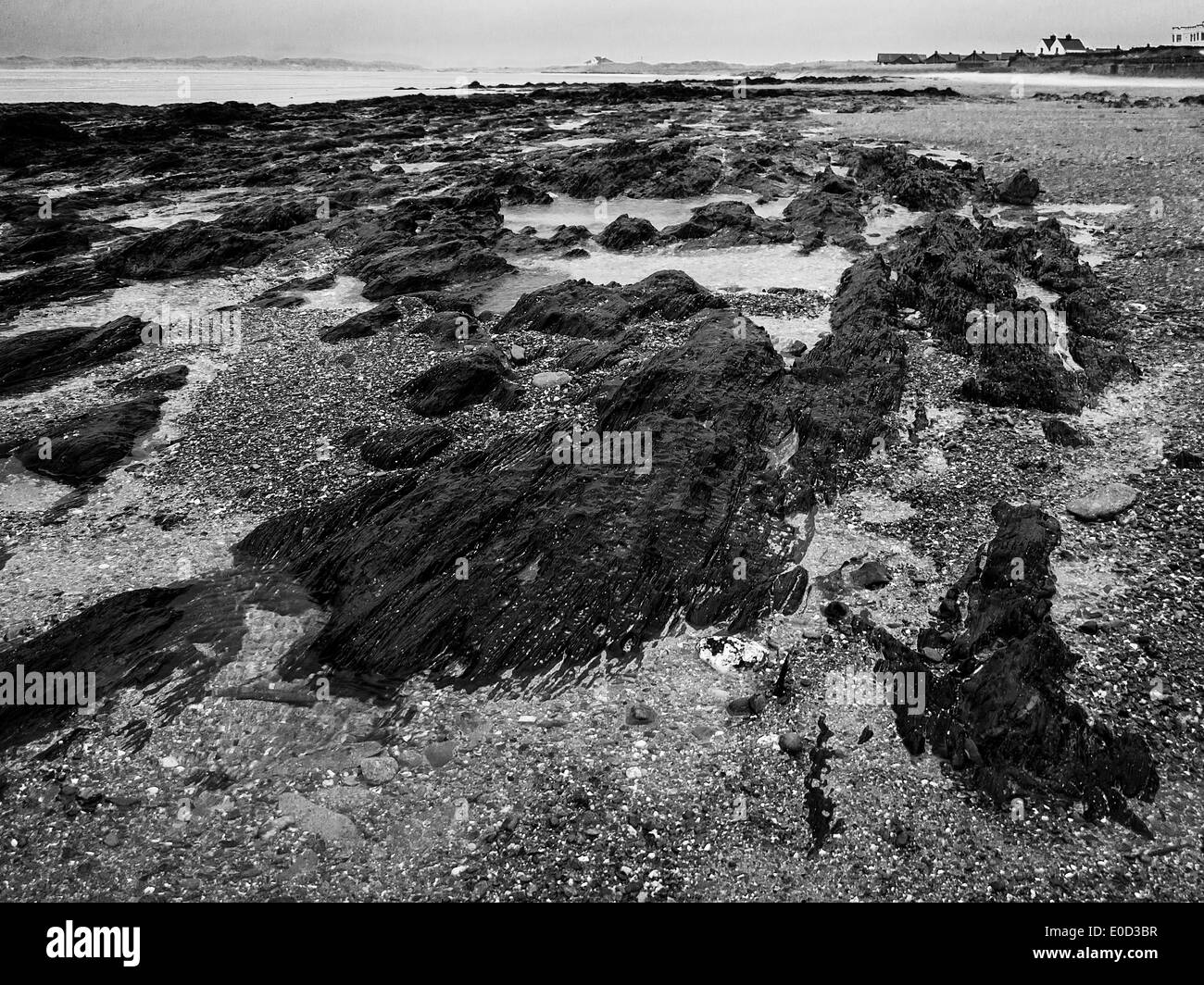 Monochromes Bild am felsigen Strand von Rhosneigr, Anglesey, Nordwales Stockfoto