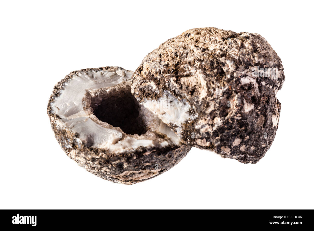 eine offene Amethyst Geode isoliert auf einem weißen Hintergrund Stockfoto