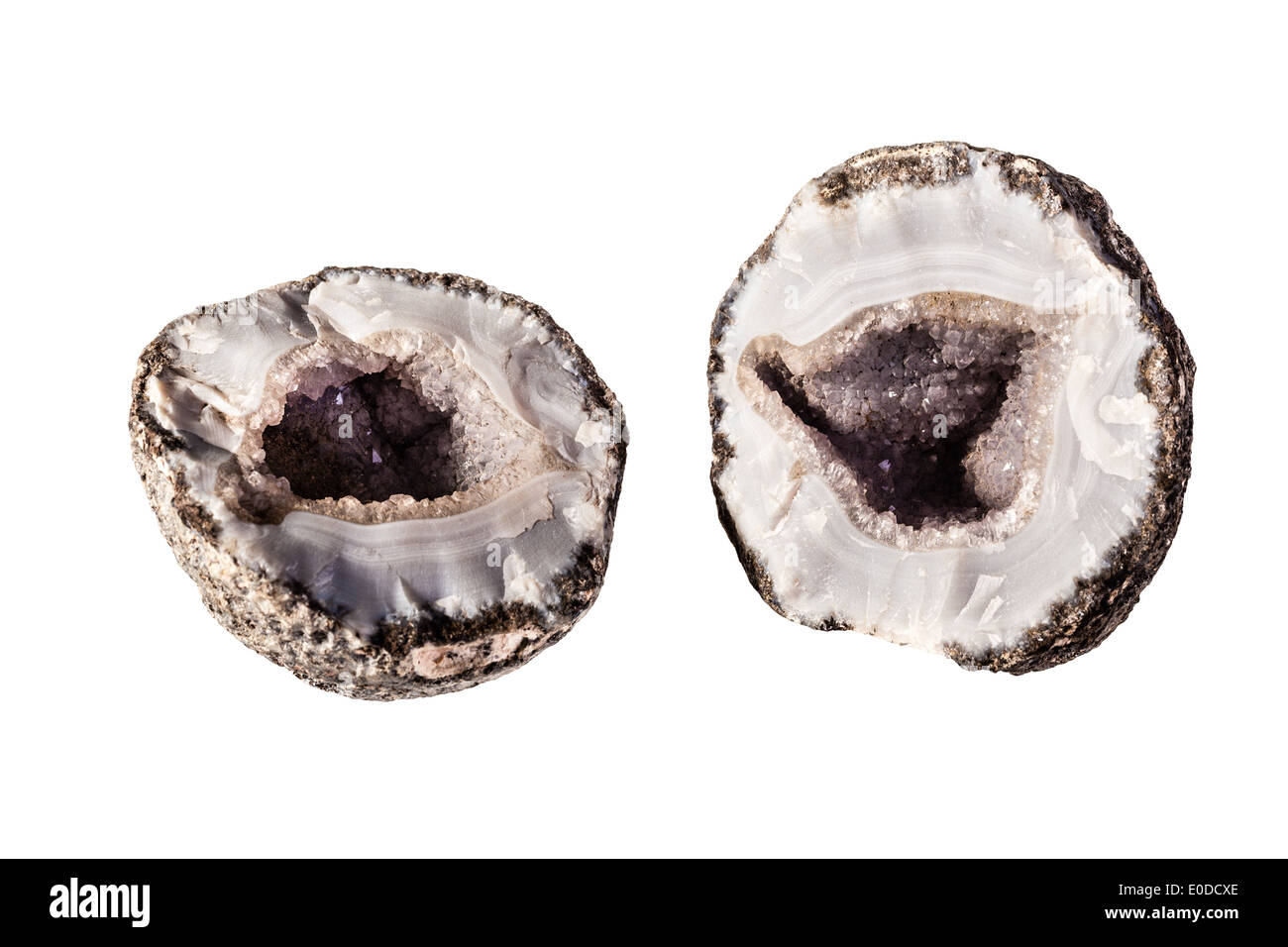 eine offene Amethyst Geode isoliert auf einem weißen Hintergrund Stockfoto
