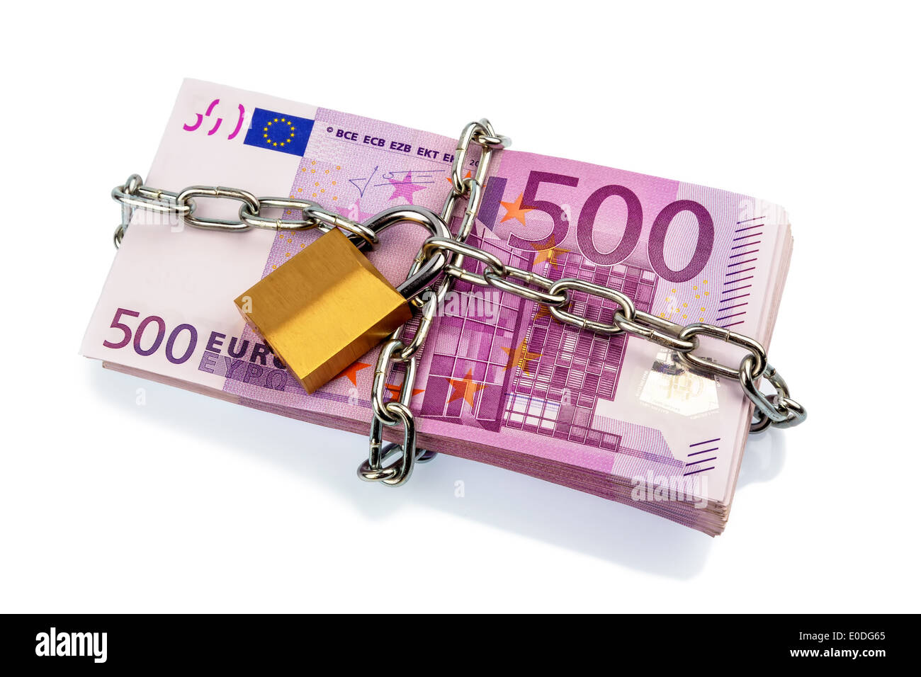 Euro-Banknoten mit Kette und Vorhängeschloss. Symbolische Foto für Sicherheit und Inflation., Euro-Geldscheine Mit Kette Und Vorhaengeschl Stockfoto