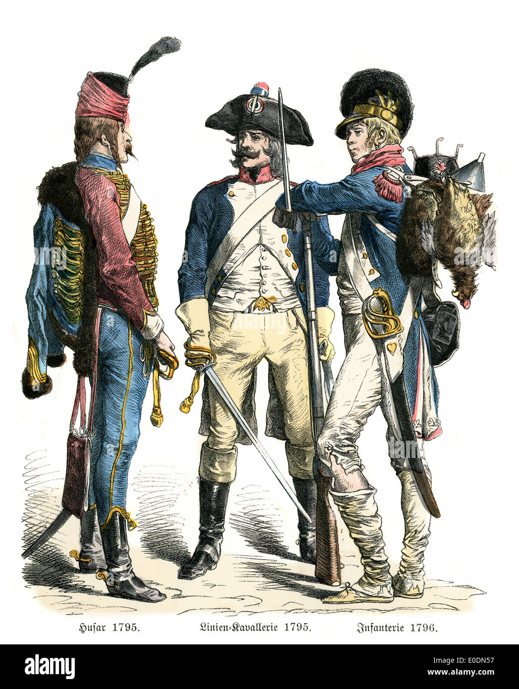 Trachten von Frankreich. Husaren, Linie Kavallerie und Infanterie des späten 18. Jahrhunderts Stockfoto