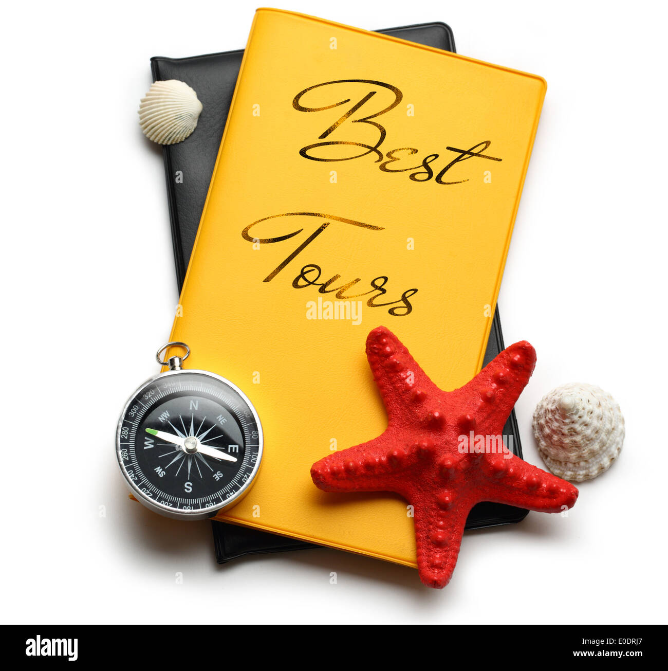 Kompass, Seastar und Muscheln am besten Tour-Broschüre Stockfoto