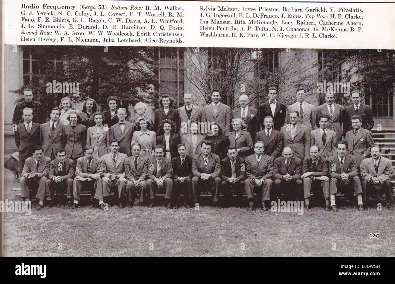 Dieses Foto zeigt die Radiofrequenzgruppe #53 am mit Radiation Laboratory und hebt die Beiträge jüdischer amerikanischer Frauen während des Zweiten Weltkriegs auf dem Gebiet der Radiofrequenz- und Radartechnologie hervor. Stockfoto