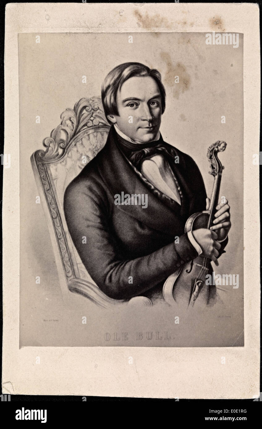 Ein lithographisches Porträt von Ole Bull, begleitet von seiner Visitenkarte, spiegelt seinen Einfluss als berühmter Geiger aus Norwegen wider. Stockfoto