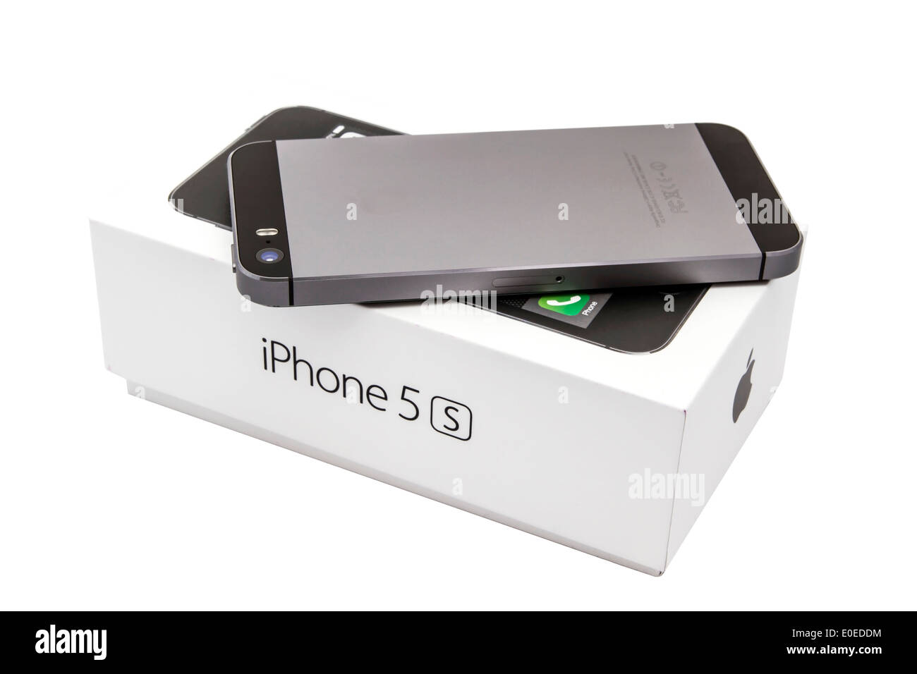 iPhone 5 s und Box isoliert auf weißem Hintergrund Stockfoto