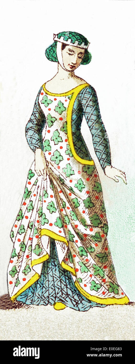 Die Figur stellt eine französische Dame von Rang um 1300. Die Abbildung stammt bis 1882. Stockfoto