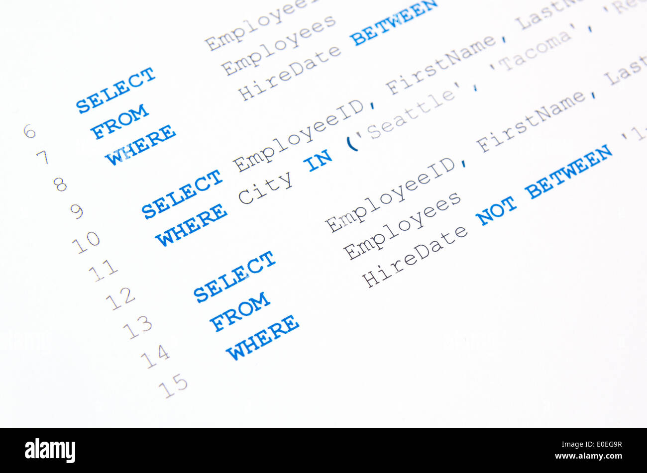 Code der SQL-Syntax auf weißem Hintergrund Stockfoto