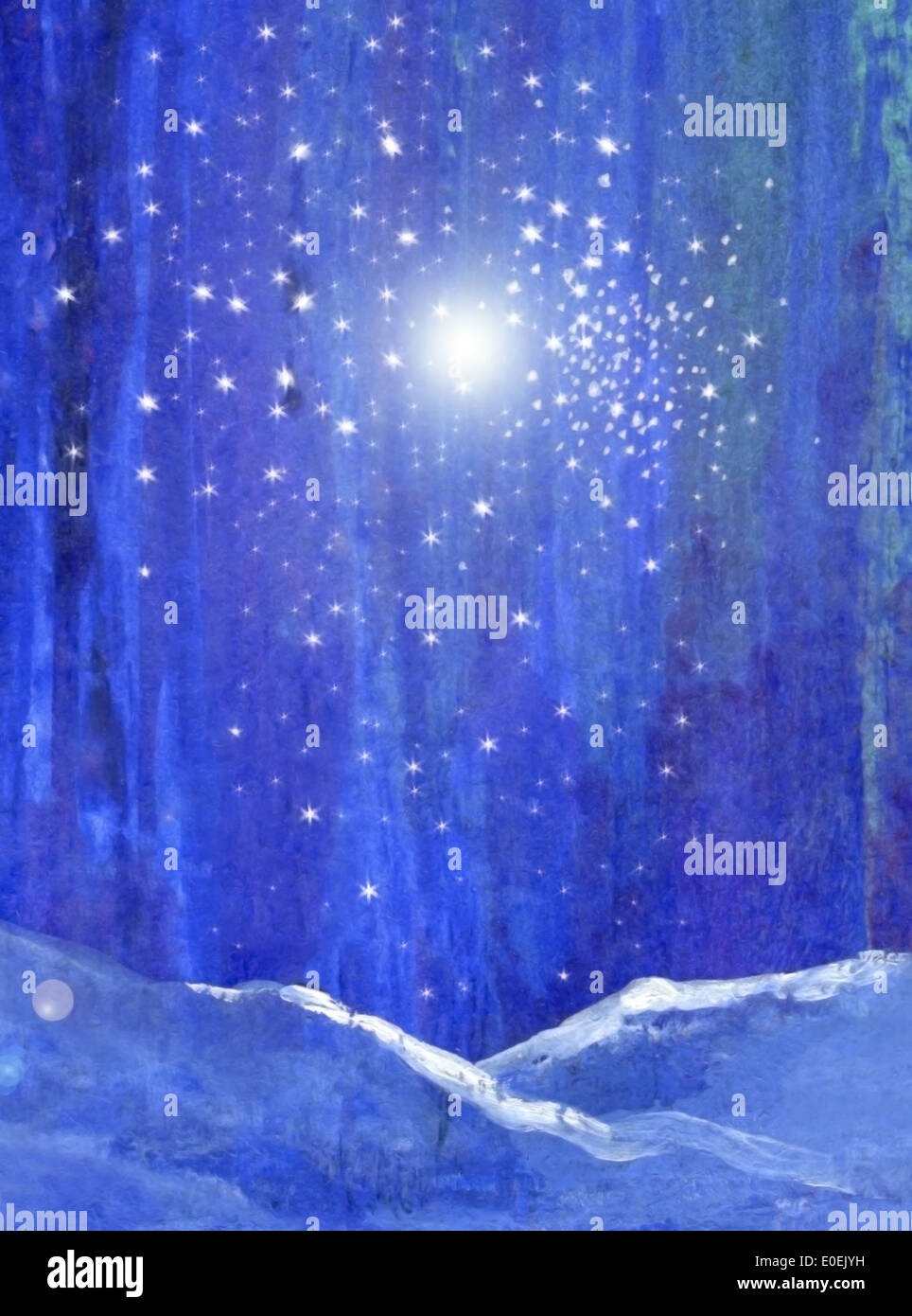 Blaue Nacht-Wald mit Schnee Licht und Sterne original Kunst Aquarell Gouache digital. Stockfoto