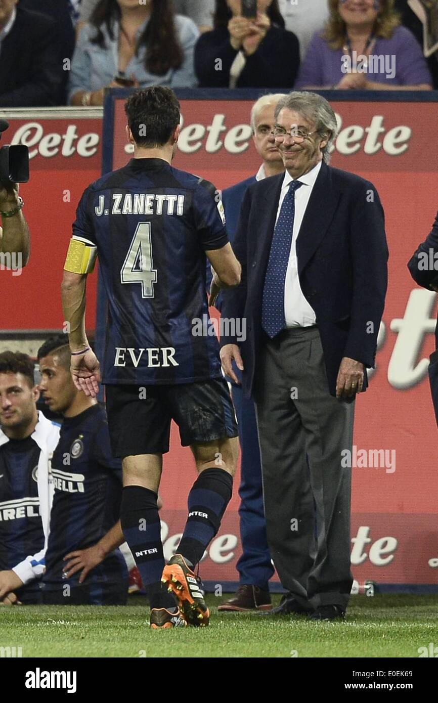 Mailand, Italien. 10. Mai 2014. Serie A Fußball. Inter Mailand gegen Lazio Rom. Letztes Spiel der Saison 2013 / 14. Javier Zanetti verlässt das Feld von Massimo Moratti Credit beglückwünscht: Action Plus Sport/Alamy Live News Stockfoto