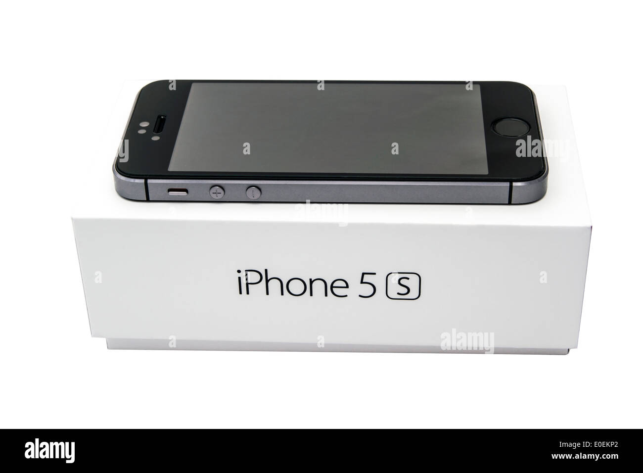 iPhone 5 s und Box isoliert auf weißem Hintergrund Stockfoto