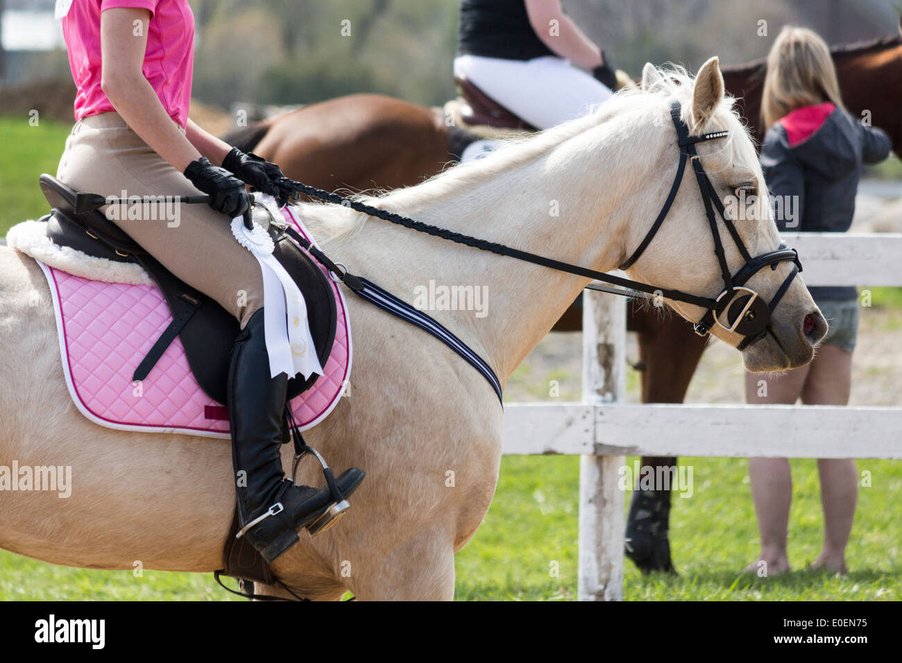 Teenager-Mädchen-Fahrer in rosa ein Palomino Pferd Pony reiten nach dem Aufstehen ihre Band für den dritten Platz. Stockfoto