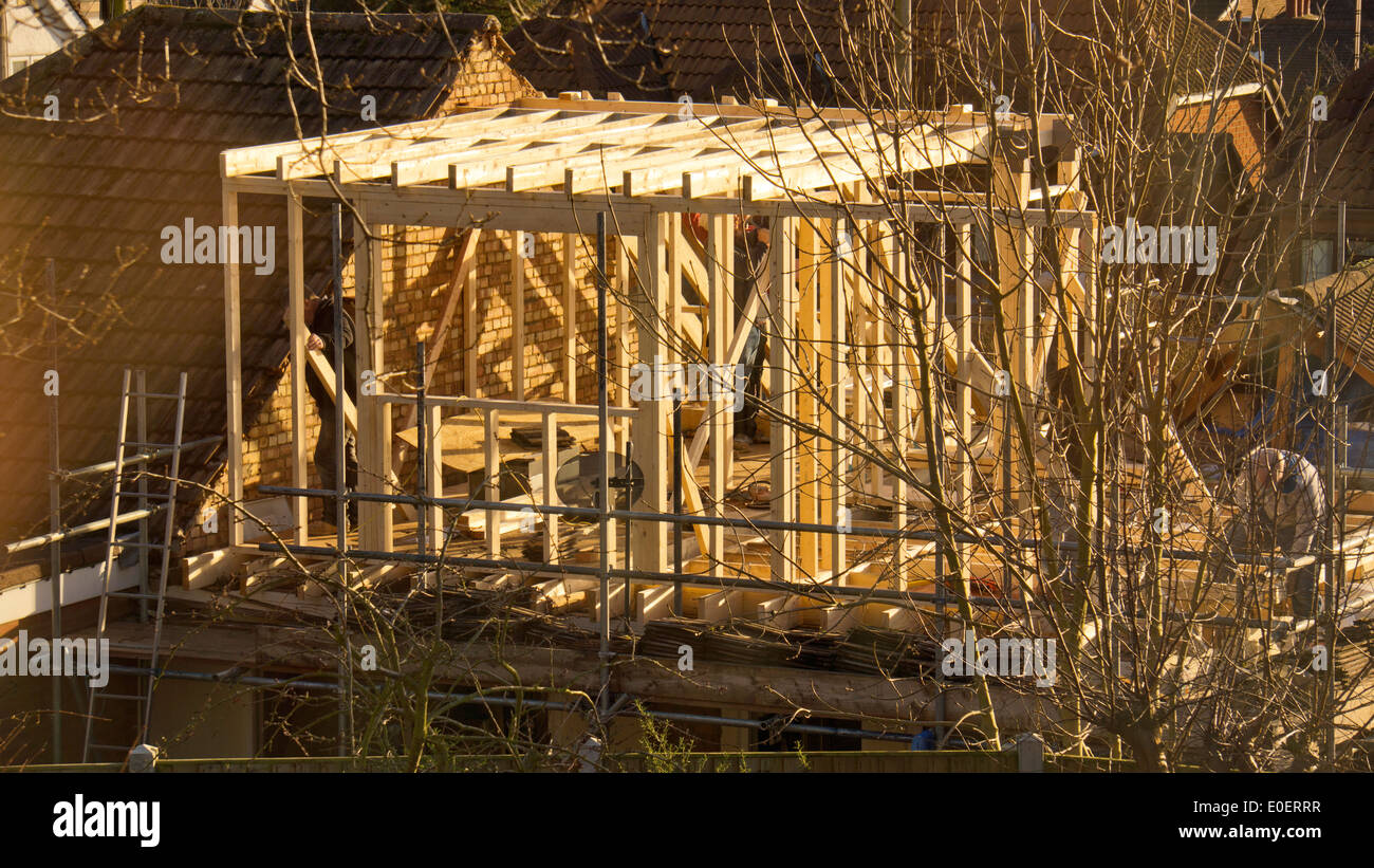 Bau einer Erweiterung, Rahmen, Bungalow-Erweiterung, Stockfoto