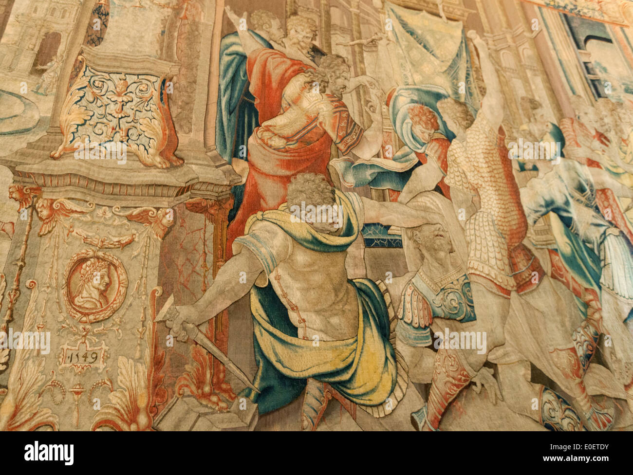 Detail von der Ermordung von Caesar Tapisserie, die Galerie der Wandteppiche, Vatikanische Museen, Vatikanstadt, Italien Stockfoto
