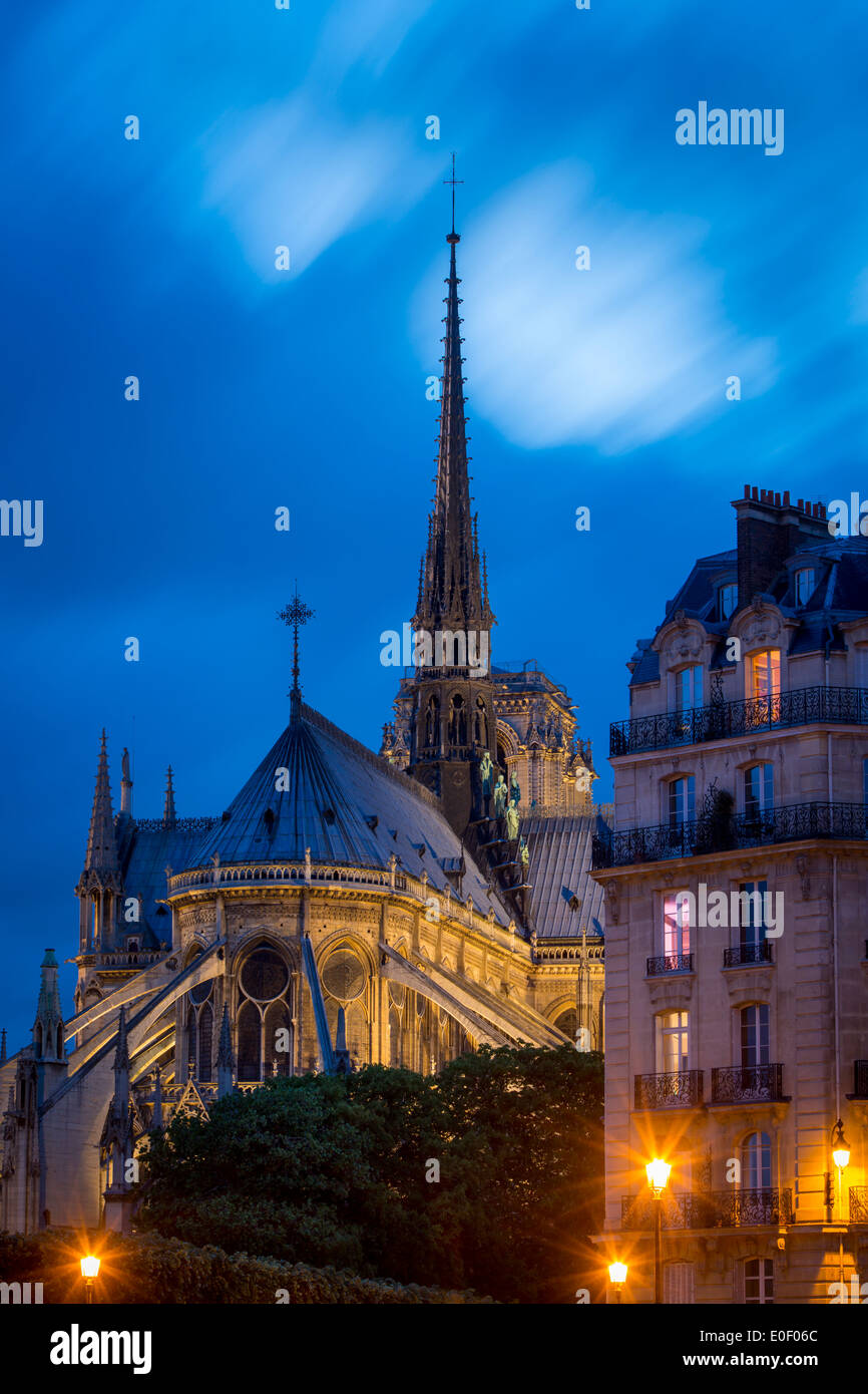 Twilight-Ansicht der Kathedrale Notre Dame und die Gebäude der Ile-de-la-Cité, Paris Frankreich Stockfoto