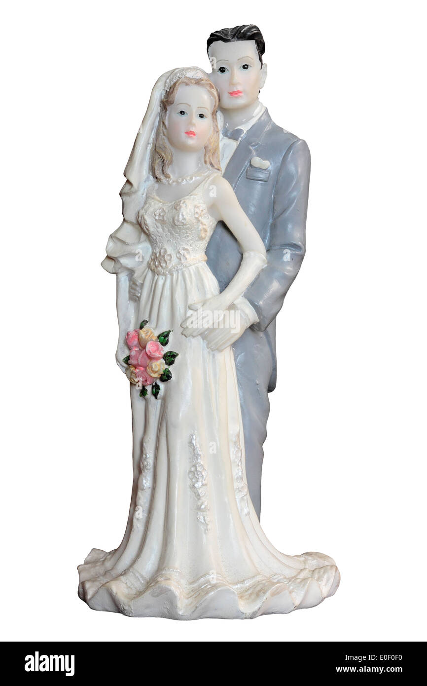 Braut und Bräutigam Hochzeit Kuchendekoration isoliert auf weißem Hintergrund Stockfoto