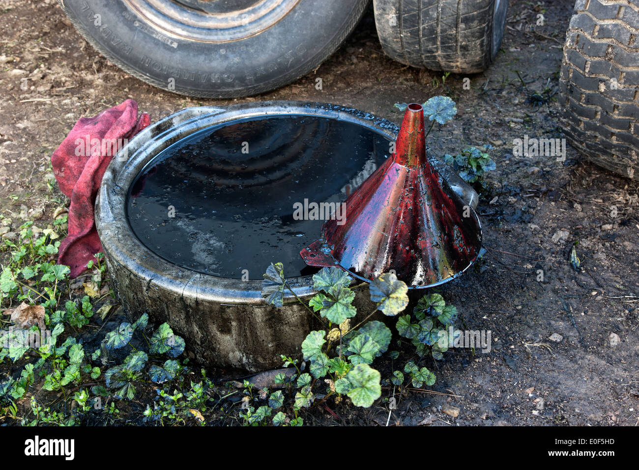 Ölablass pan mit schmutzigen Motoröl verschmutzen Boden & Flora. Stockfoto
