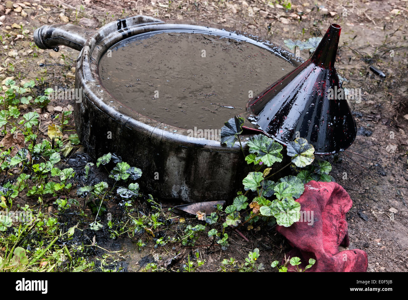 Ölablass pan mit schmutzigen Motoröl verschmutzen Boden & Flora. Stockfoto