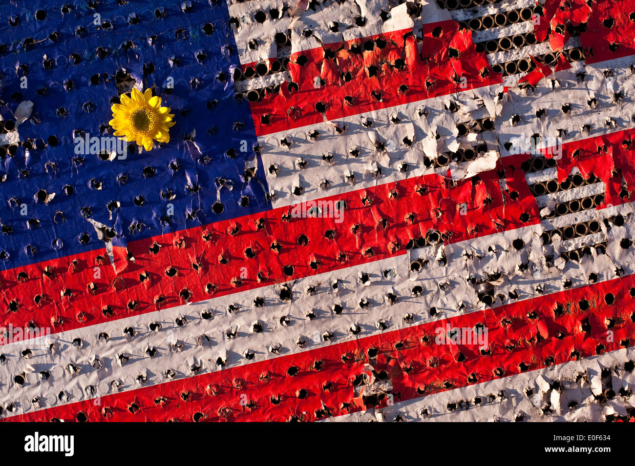 Fourth Of July mit amerikanischen Flagge durch Feuerwerk mit gelben Blüten beschädigt Stockfoto