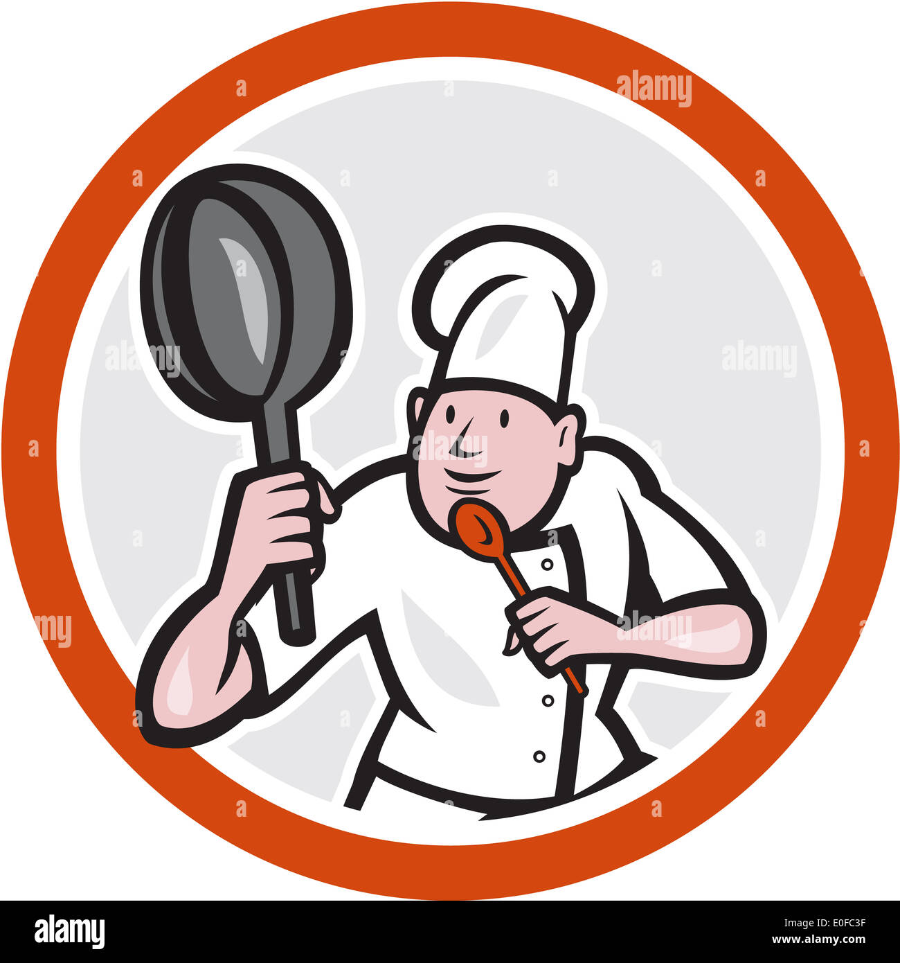 Abbildung von einem Chef-Koch holding Pfanne im Kung Fu kämpfen Haltung Satz im inneren Kreis auf isolierte Hintergrund in Carto getan Stockfoto