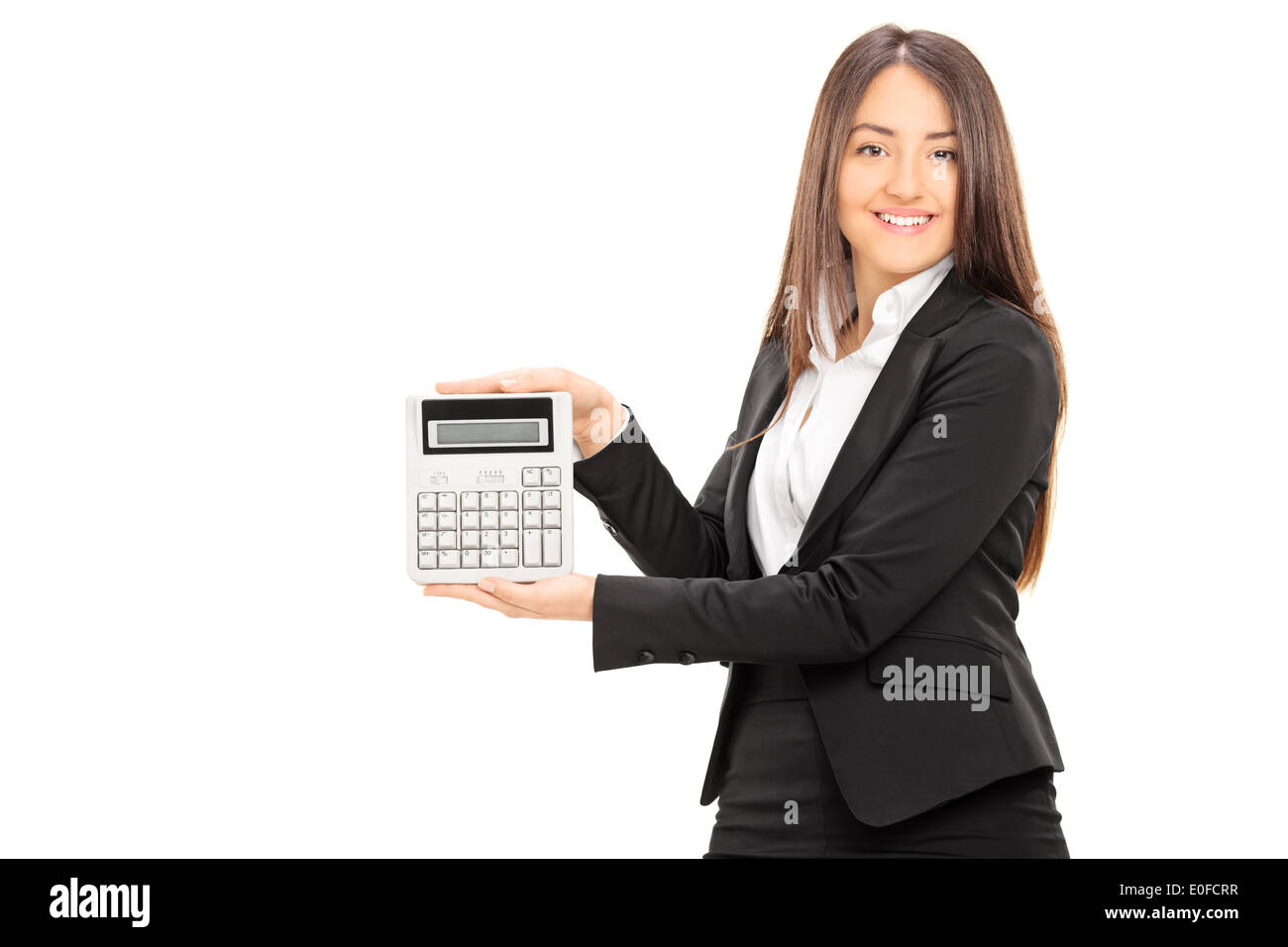 Geschäftsfrau hält einen Taschenrechner Stockfoto