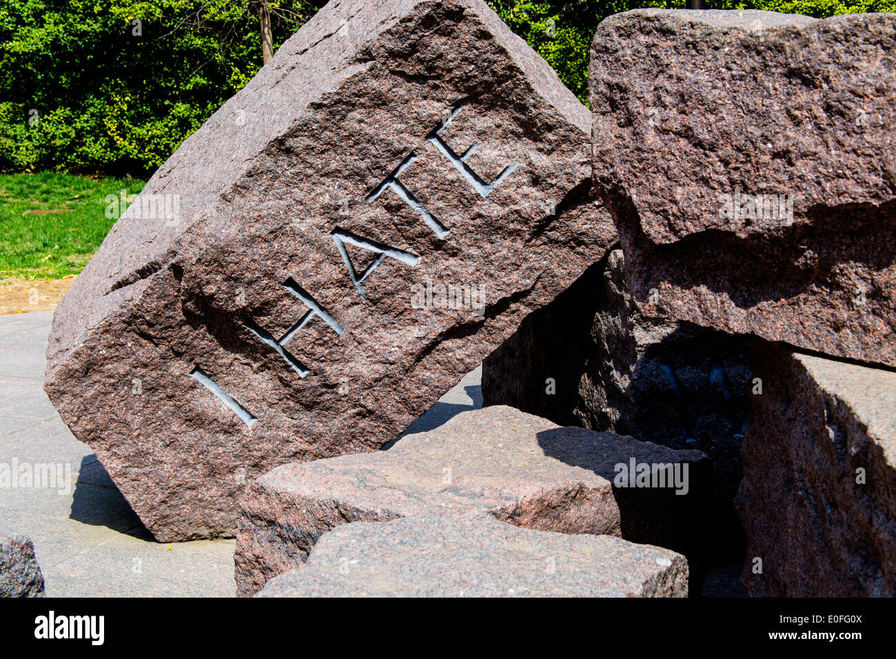 Washington DC USA Franklin Delano Roosevelt Memorial Stone mit dem Wort Hass Stockfoto