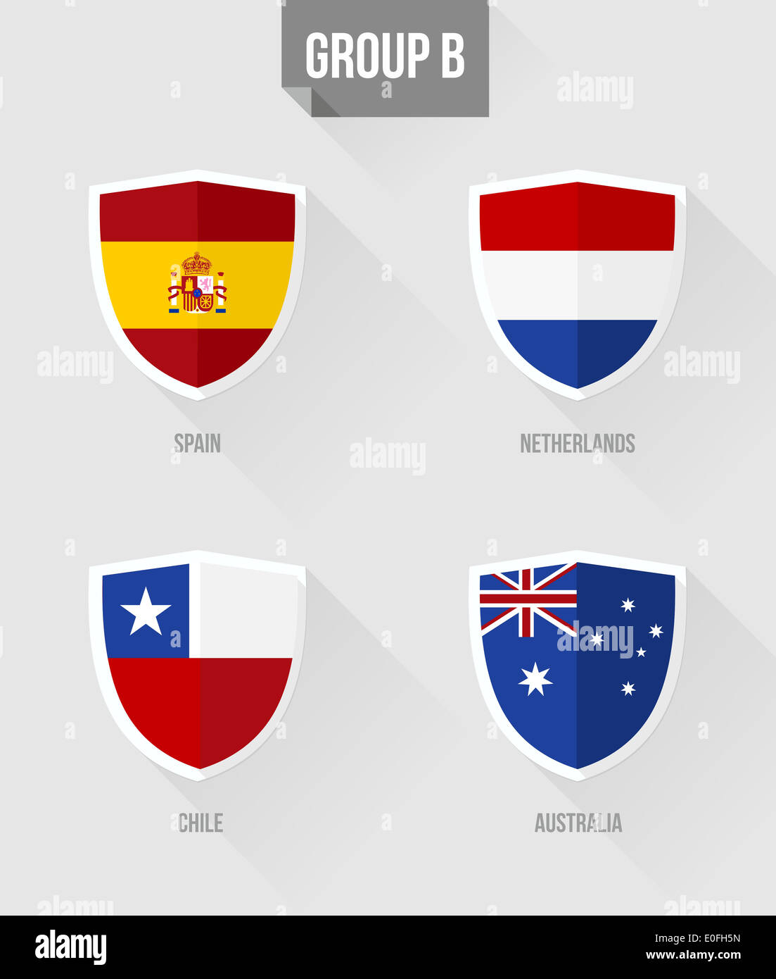 Brasilien-Fußball-Europameisterschaft 2014. Flache Symbole für Gruppe B Nation Flaggen im Schild Zeichen: Spanien, Niederlande, Chile und Australien. EPS10 Vektor mit Transport Stockfoto