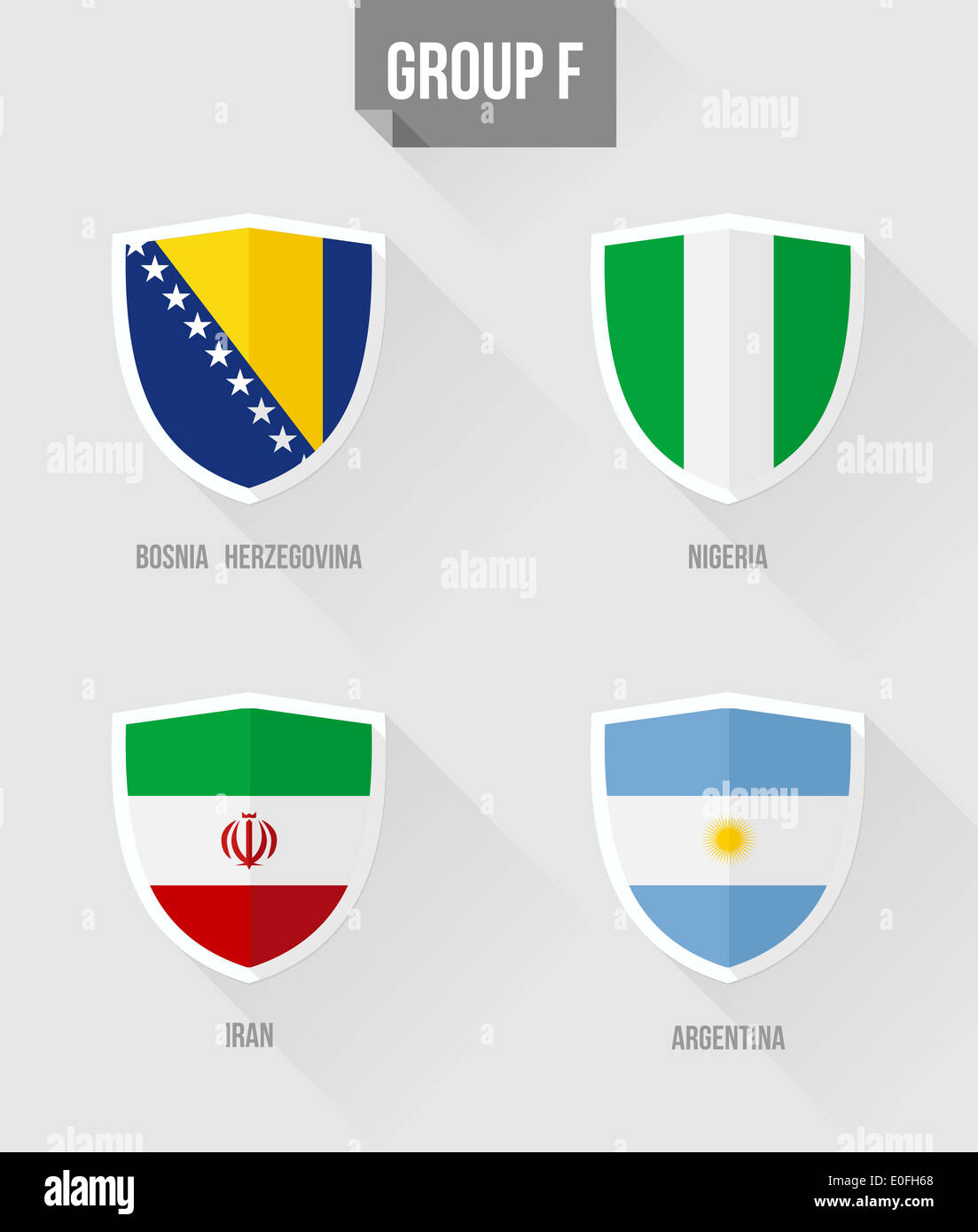 Brasilien-Fußball-Europameisterschaft 2014. Flache Symbole für Gruppe F Nation Flaggen im Schild Zeichen: Bosnien Herzegowina, Nigeria, Iran, Argentinien. EPS10 Vektor mit t Stockfoto