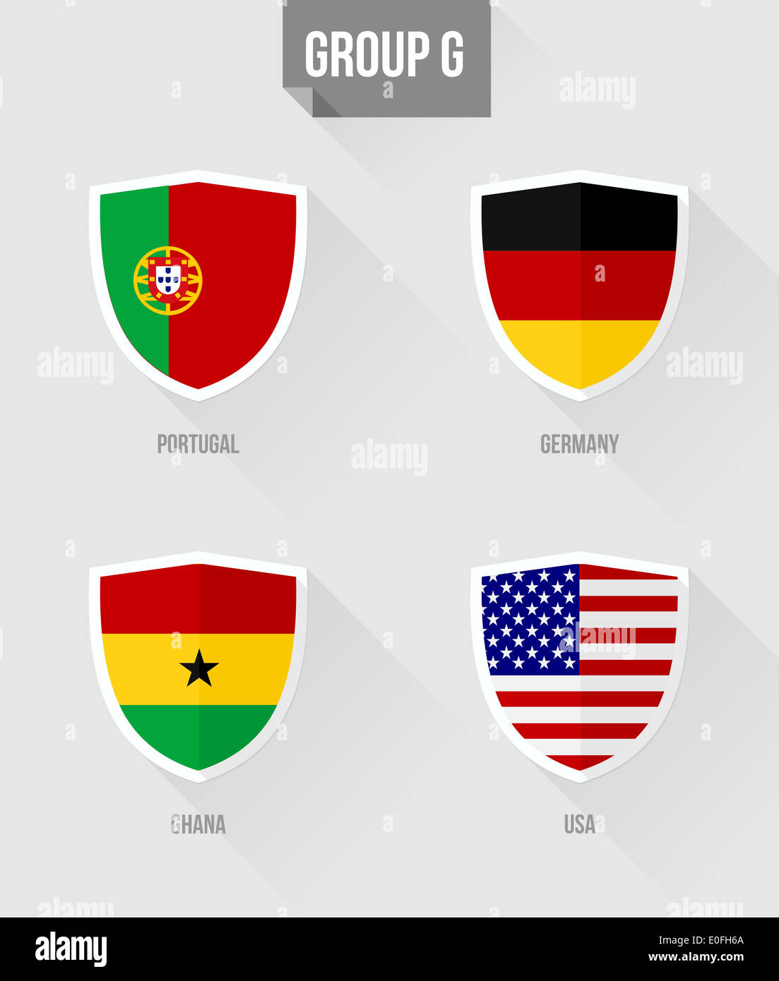 Brasilien-Fußball-Europameisterschaft 2014. Symbole für die Gruppe G Nation Fahnen im Schild Schild flach: Portugal, Deutschland, Ghana, USA. EPS10 Vektor mit Transparenz org Stockfoto