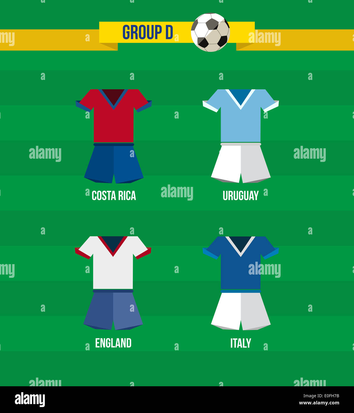 Brasilien-Fußball-Europameisterschaft 2014. Nationalmannschaft Uniformen für Gruppe D: Uruguay, Italien, Costa Rica, England. EPS10 Vektor mit Transparenz organisiert in Stockfoto