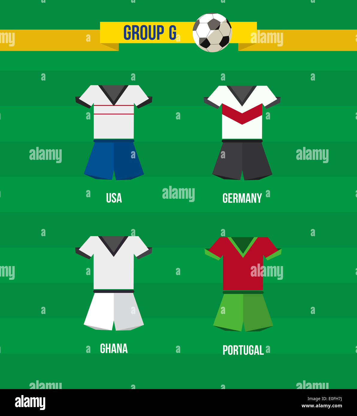 Brasilien-Fußball-Europameisterschaft 2014. Nationalmannschaft Uniformen für Gruppe G: Portugal, Deutschland, Ghana, USA. EPS10 Vektor mit Transparenz in Schichten organisiert Stockfoto