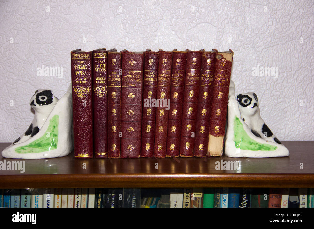 Selbstgemachte Buchstützen Seite entweder der alten Leder gebunden Bücher Stockfoto