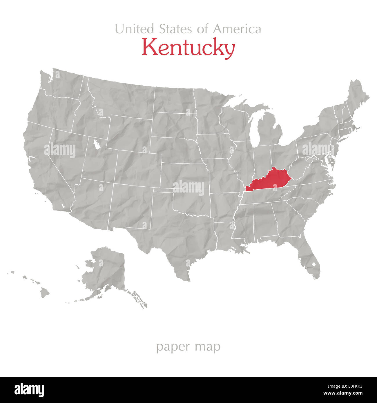 Vereinigte Staaten von Amerika-Karte und Kentucky Staatsgebiet auf strukturiertem Papier Stockfoto