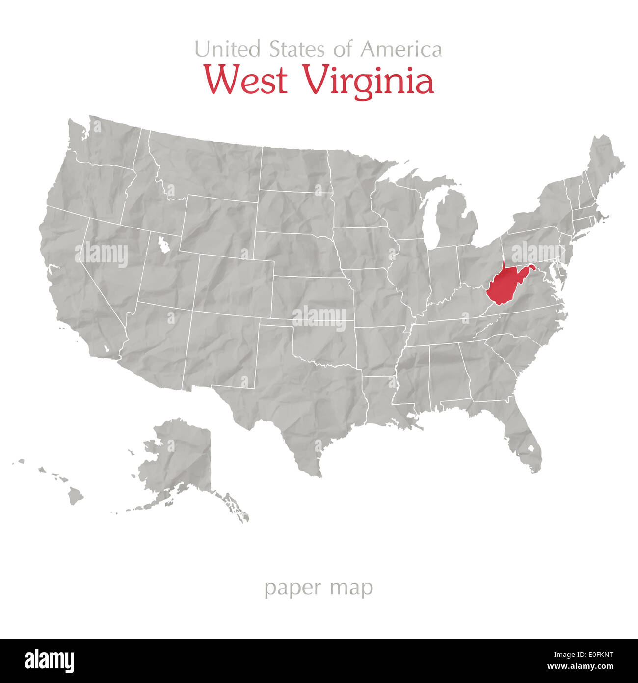 Karte der Vereinigten Staaten von Amerika und West Virginia Staatsgebiet isoliert auf weißem Hintergrund Stockfoto