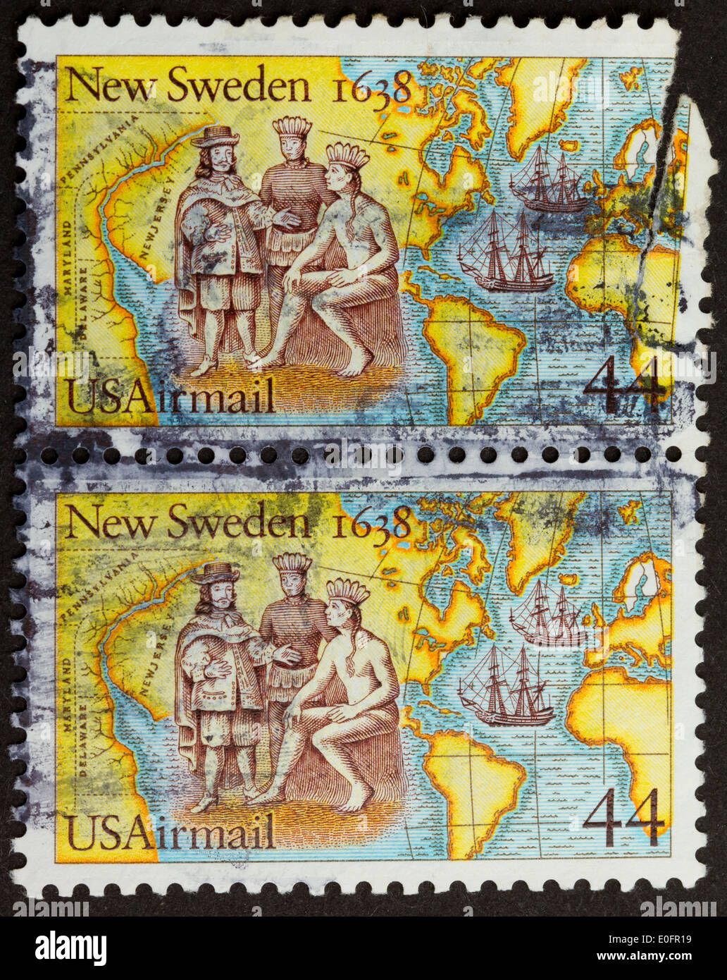 USA - ca. 1975: Briefmarken gedruckt in den USA zeigt die Entdeckung von neuen Schweden (1638), ca. 1975 Stockfoto