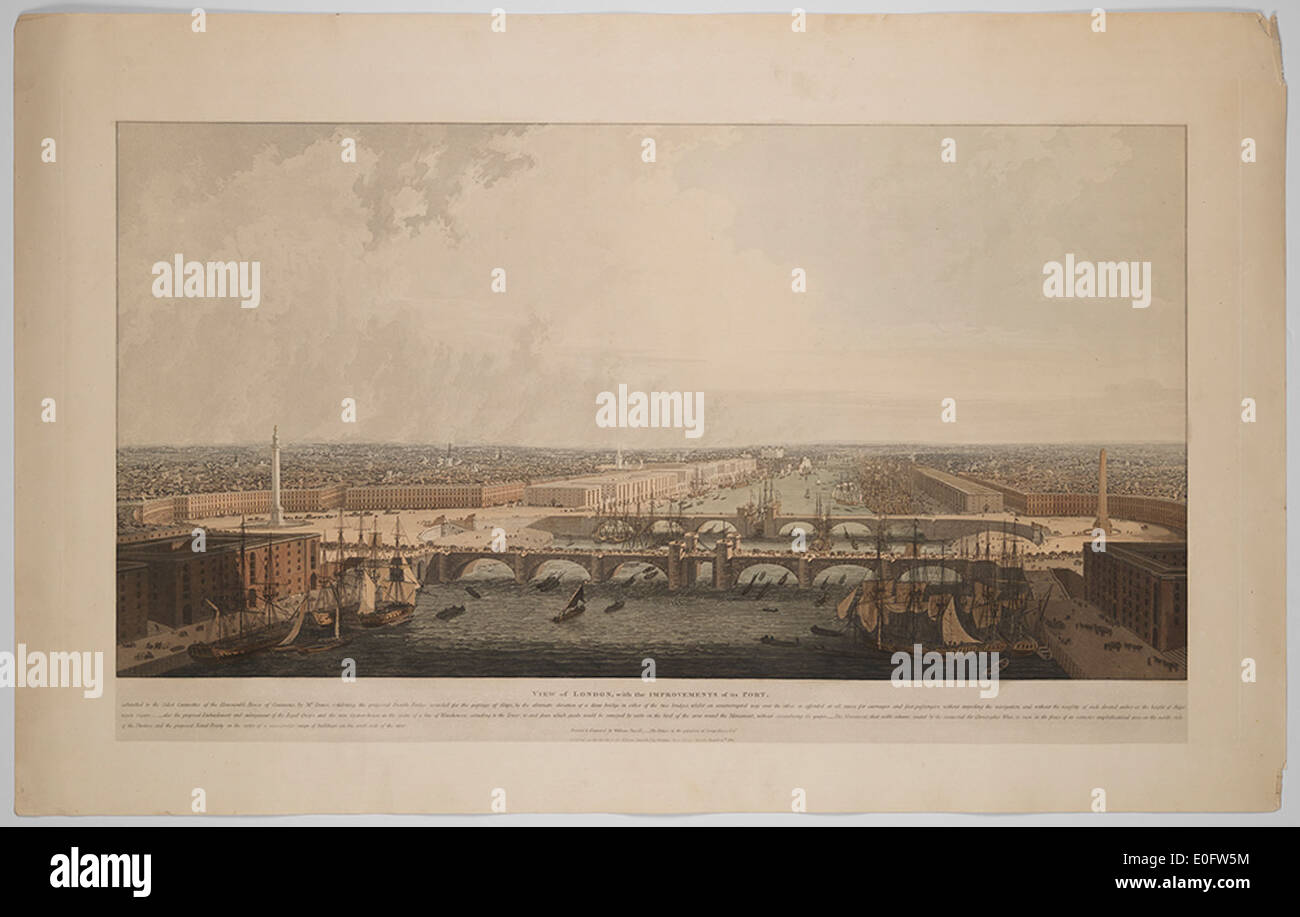 Dieser Blick auf London unterstreicht die Verbesserungen des Hafens mit Brücken und Segelschiffen im Hafen. Das Foto zeigt die geschäftige maritime Aktivität und die Entwicklung der Londoner Uferpromenade, was ihre wachsende Bedeutung als globale Hafenstadt widerspiegelt. Stockfoto